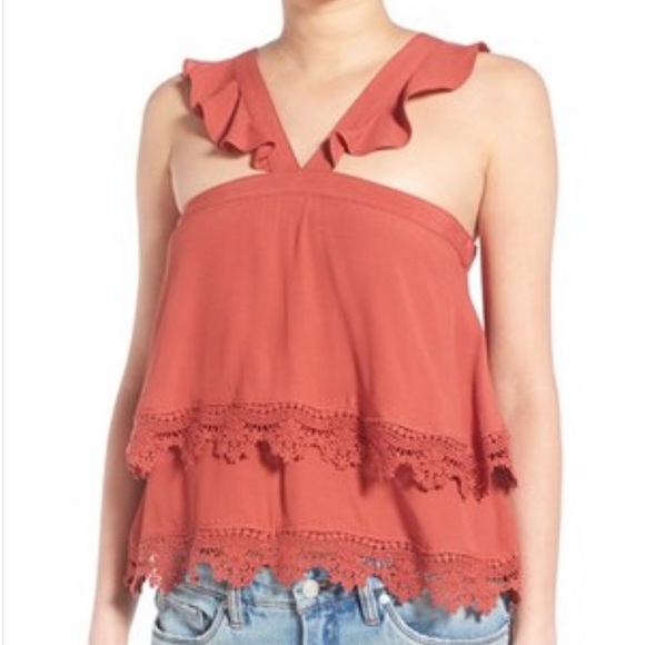 Lovers + Friends Destined Rust Red Halter Tiered Lace Ruffle Crop Top - Picture 2 of 8